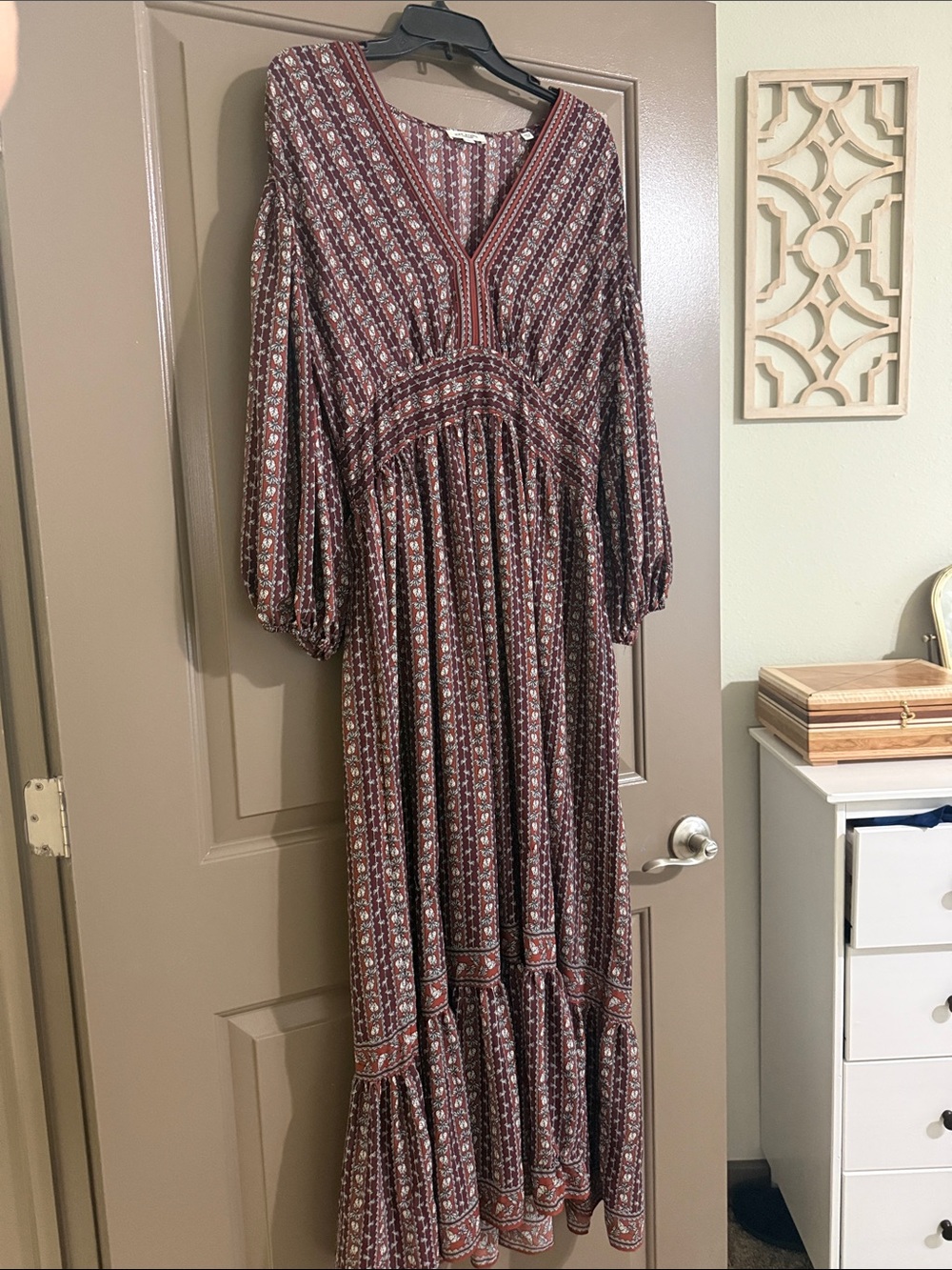 Bohemian Burgundy Vneck Printed Maxi Dress